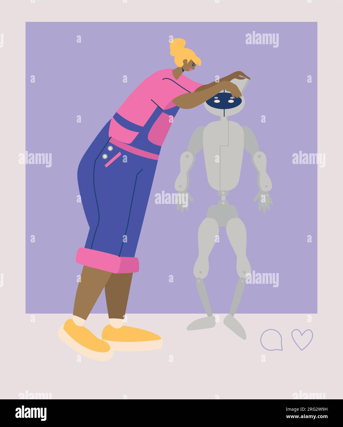 Female engineer working on robot construction social media post vector illustration. Stock Vector