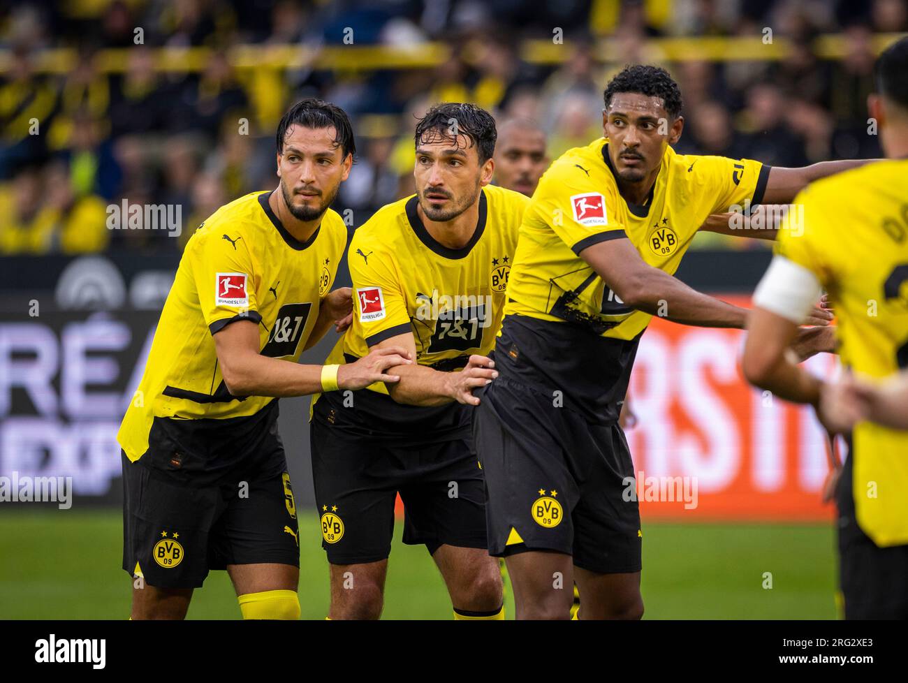 Dortmund, Germany. 06th AUG, 2023.  Ramy Bensebaini (BVB), Mats Hummels (BVB), Sebastien Haller (BVB) Borussia Dortmund - Ajax Amsterdam 06.08.2023  C Stock Photo
