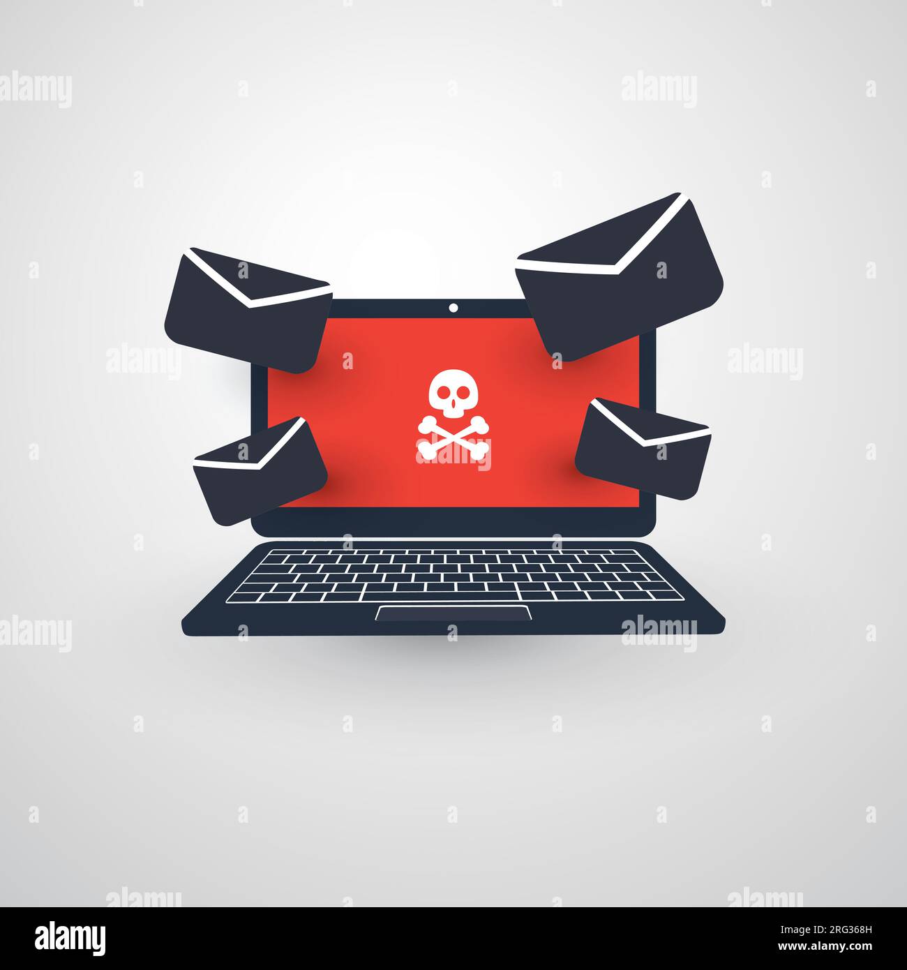 Laptop and Envelopes - Malware Infection by E-mail - Virus, Backdoor, Ransomware, Fraud, Spam, Phishing, Email Scam, Hacker Attack - IT Security Conce Stock Vector