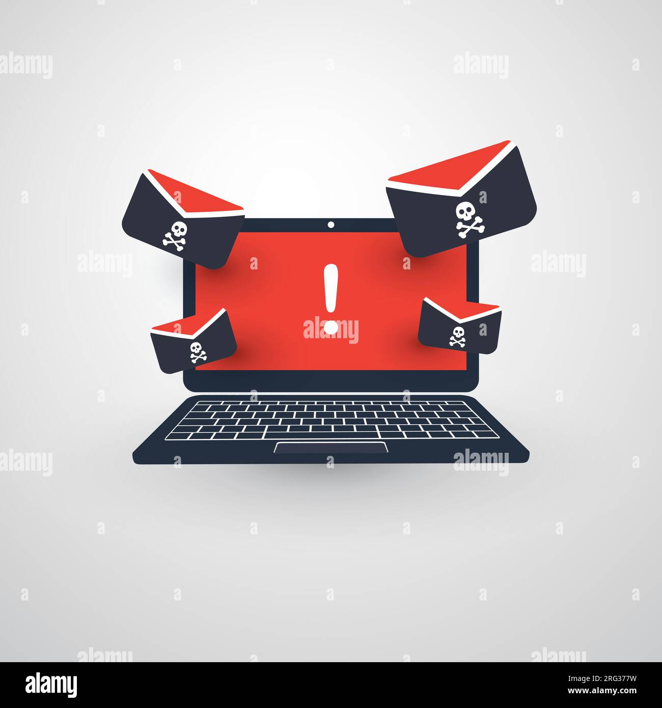 Laptop and Envelopes - Malware Attack Warning, Infection by E-mail - Virus, Backdoor, Ransomware, Fraud, Spam, Phishing, Email Scam, Hacked Computer - Stock Vector