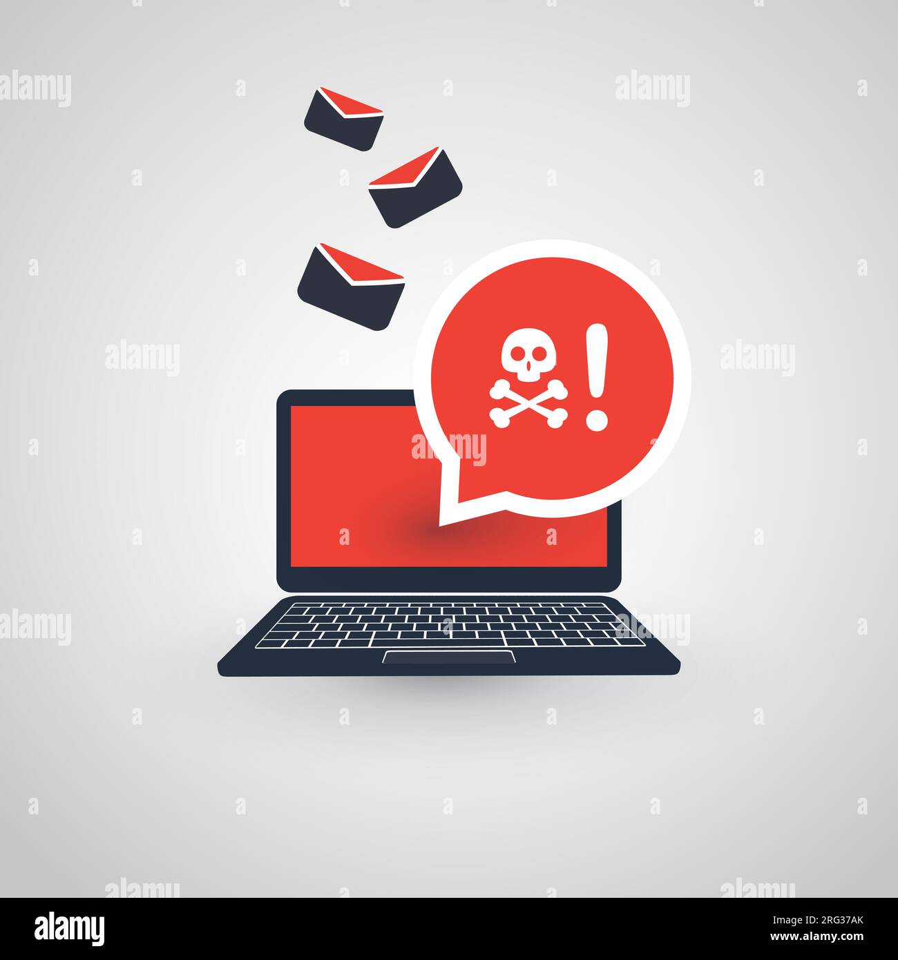 Laptop and Envelopes - Malware Attack Warning, Infection by E-mail - Virus, Backdoor, Ransomware, Fraud, Spam, Phishing, Email Scam, Hacked Computer - Stock Vector