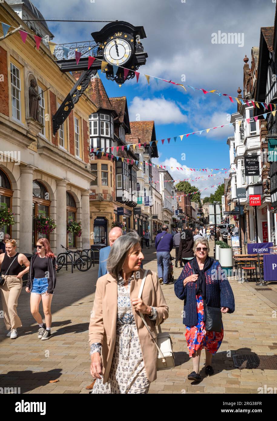 A view looking east up the hill of the High Street in historic