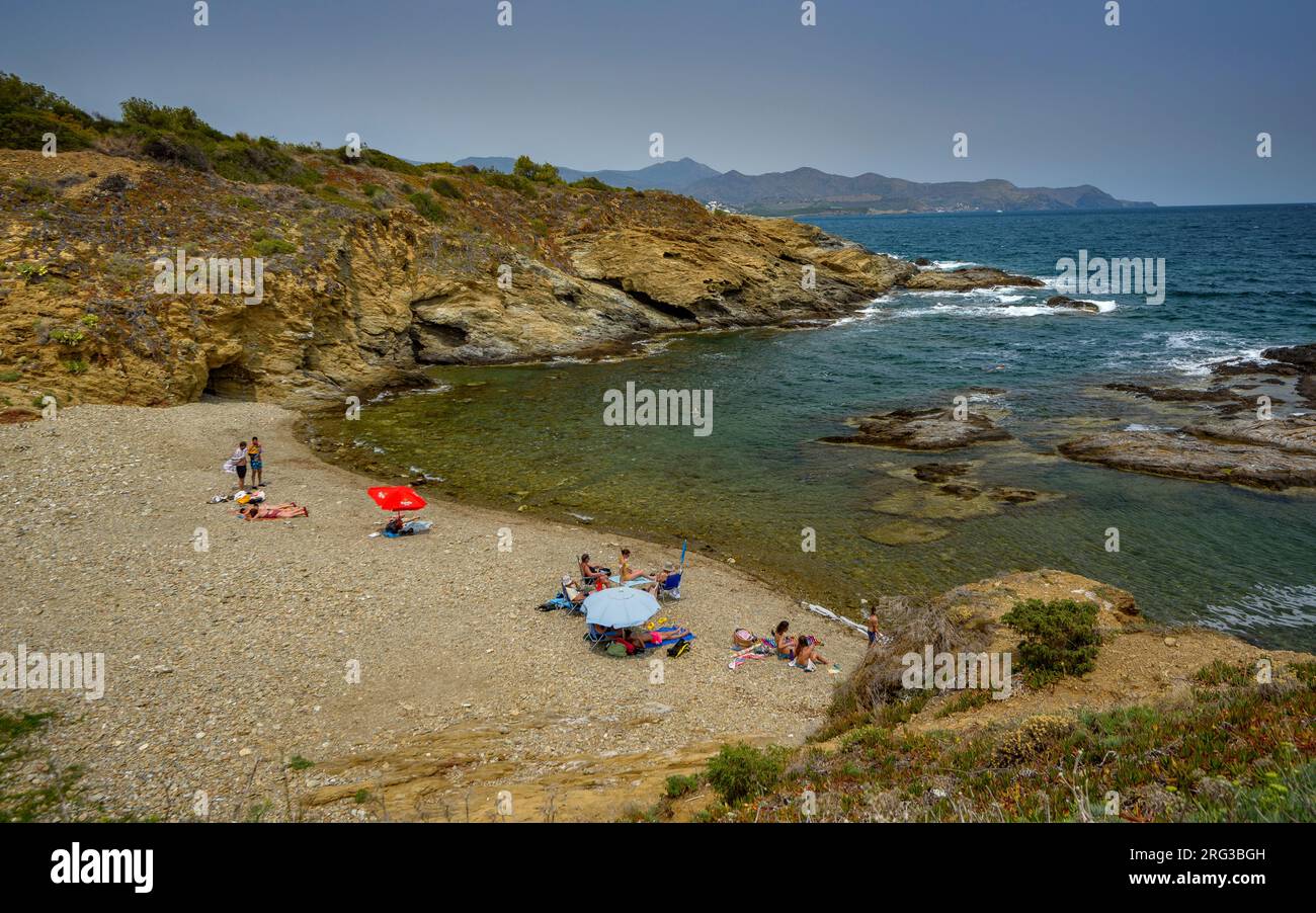 Platja d'en Robert beach, near the town of Port de la Selva, north of Cap de Creus cape and the Costa Brava coast, Alt Empordà Girona, Catalonia Spain Stock Photo
