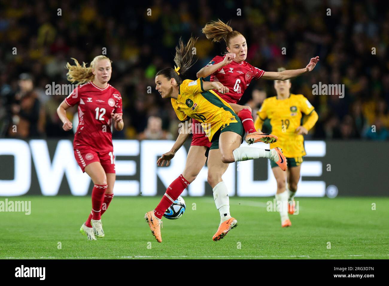 Sydney, Australia. 07th Aug, 2023. Hayley Rasso of Australia and Karen Holmgaard of Denmark contest the ball during the round of 16 FIFA Women's World Cup 2023 match between Australia Women and Denmark Women at Stadium Australia, Sydney, Australia on 7 August 2023. Photo by Peter Dovgan. Editorial use only, license required for commercial use. No use in betting, games or a single club/league/player publications. Credit: UK Sports Pics Ltd/Alamy Live News Stock Photo