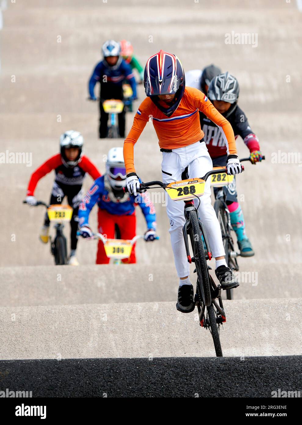 Netherlands' Mica Van Den Berg leads in heat 28 of the BMX Racing Boys 11 race during day five