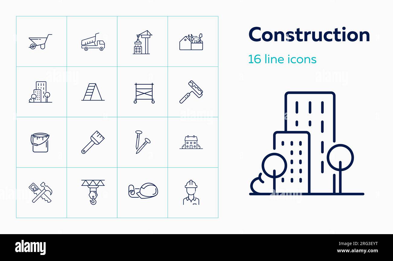 Construction site line icon set. Cart, crane, saw Stock Vector Image ...