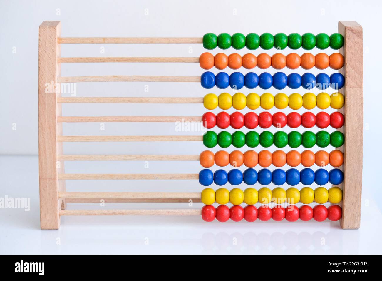 Close up colorful school abacus bead background for kids. Education school mathematics wallpaper. Kids learning count, children math class concept. Stock Photo
