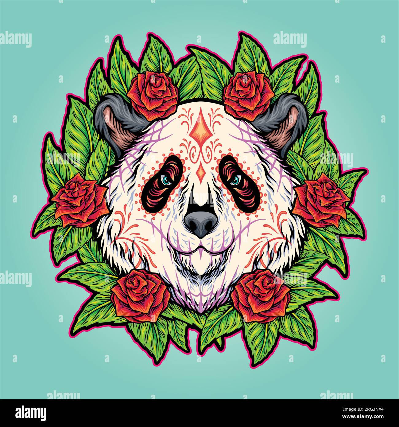 Floral ornament panda head dia de los muertos vector illustrations for
