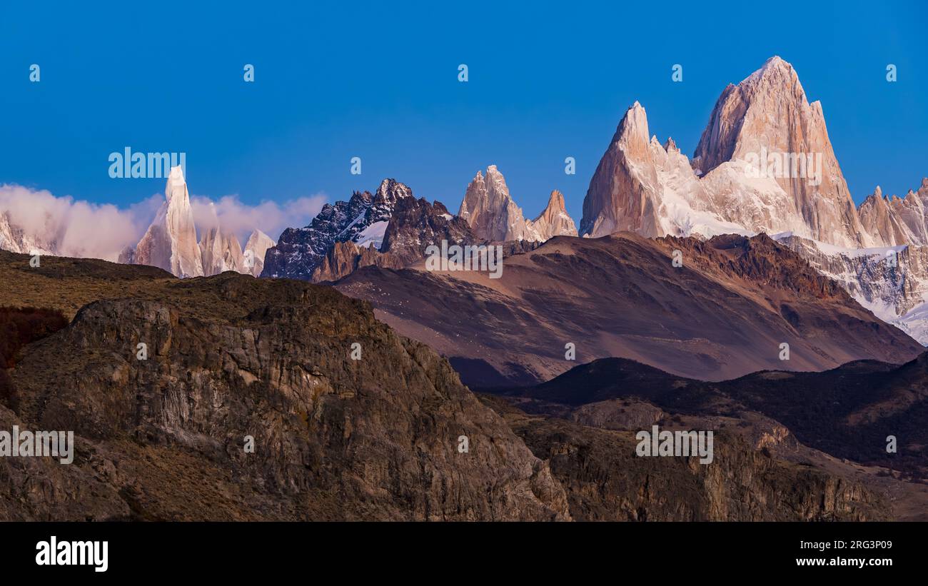 Spectacular panorama around the Fitz Roy and the Cerro Torre - cry of stone - in the southern Andes, El Chalten, Argentina, Patagonia, South America Stock Photo