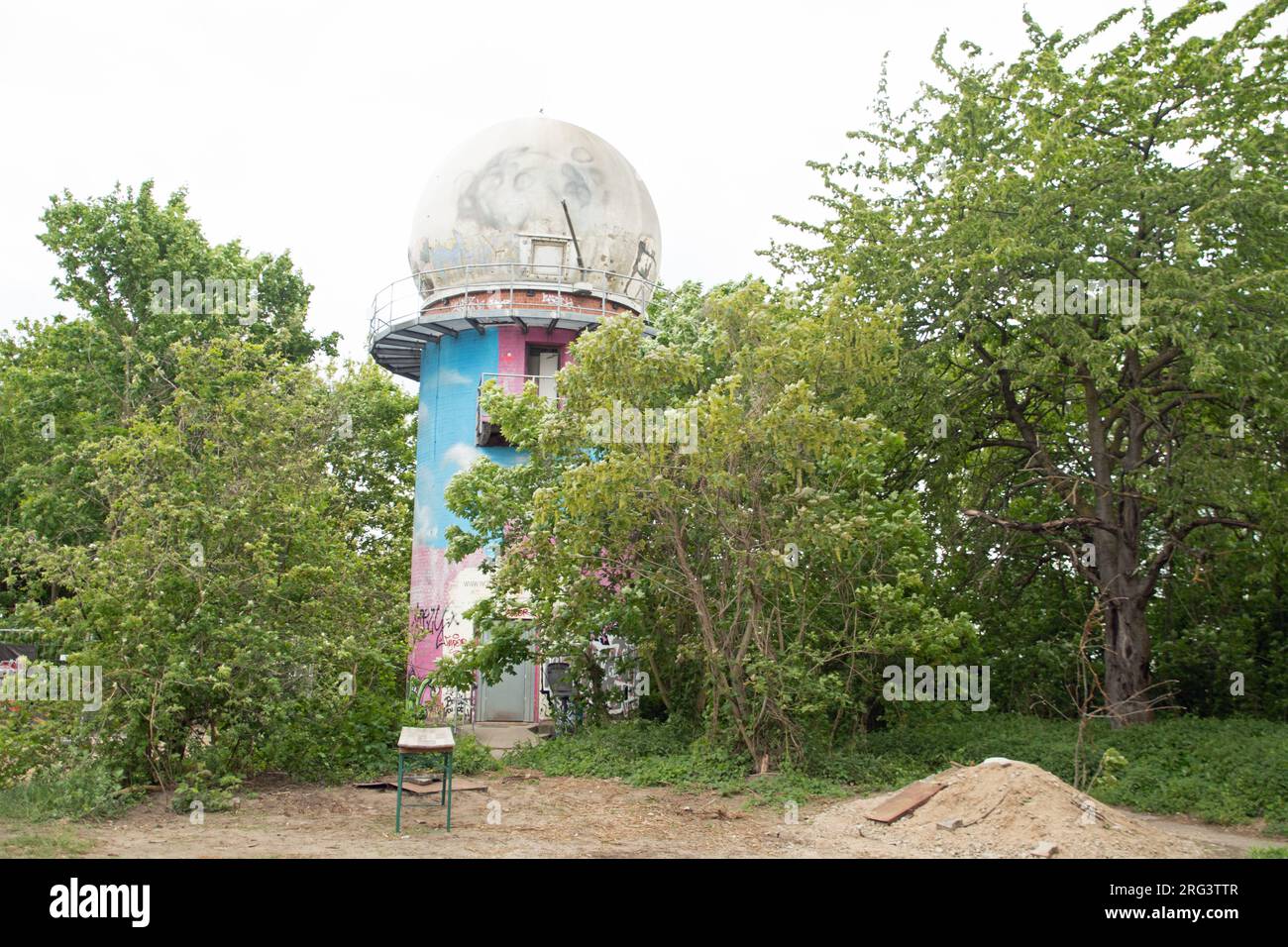 Landscape of buildings and Teufelsberg abandoned listening station in Grunewald Forest Berlin