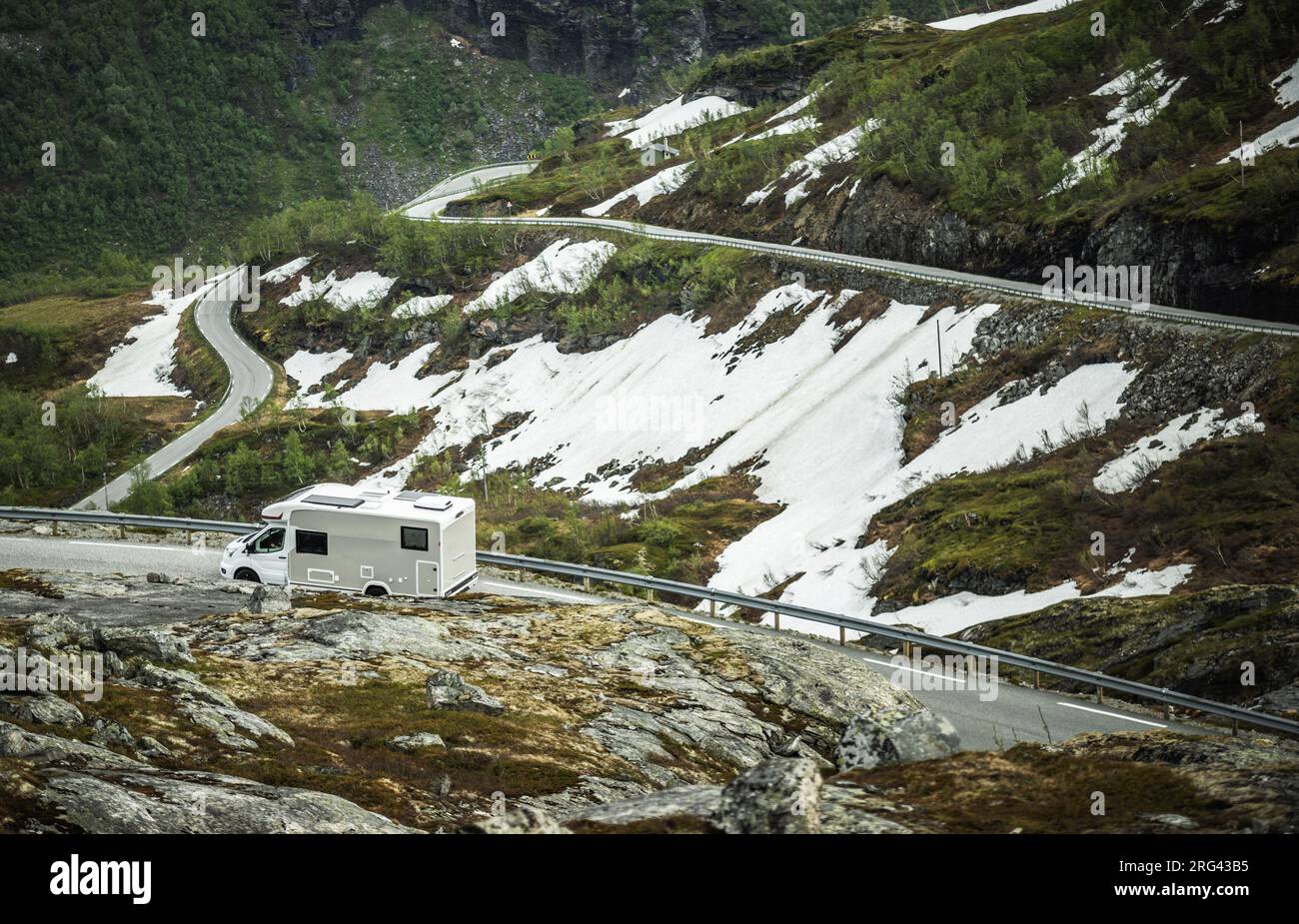 Modern RV Camper Van on the Famous Trollstigen Pass Road Stock Photo