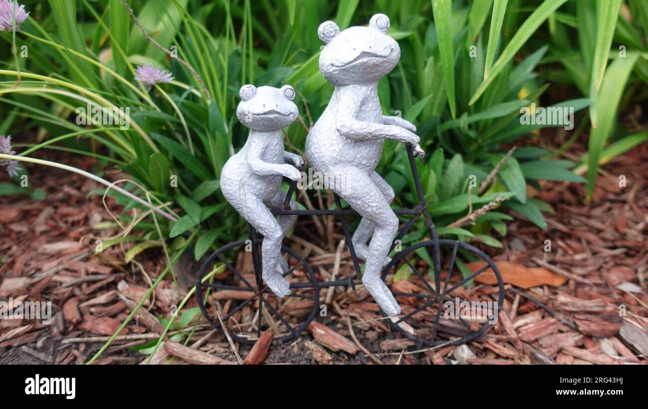 Garden ornament of two frog sitting on a bike Stock Photo - Alamy