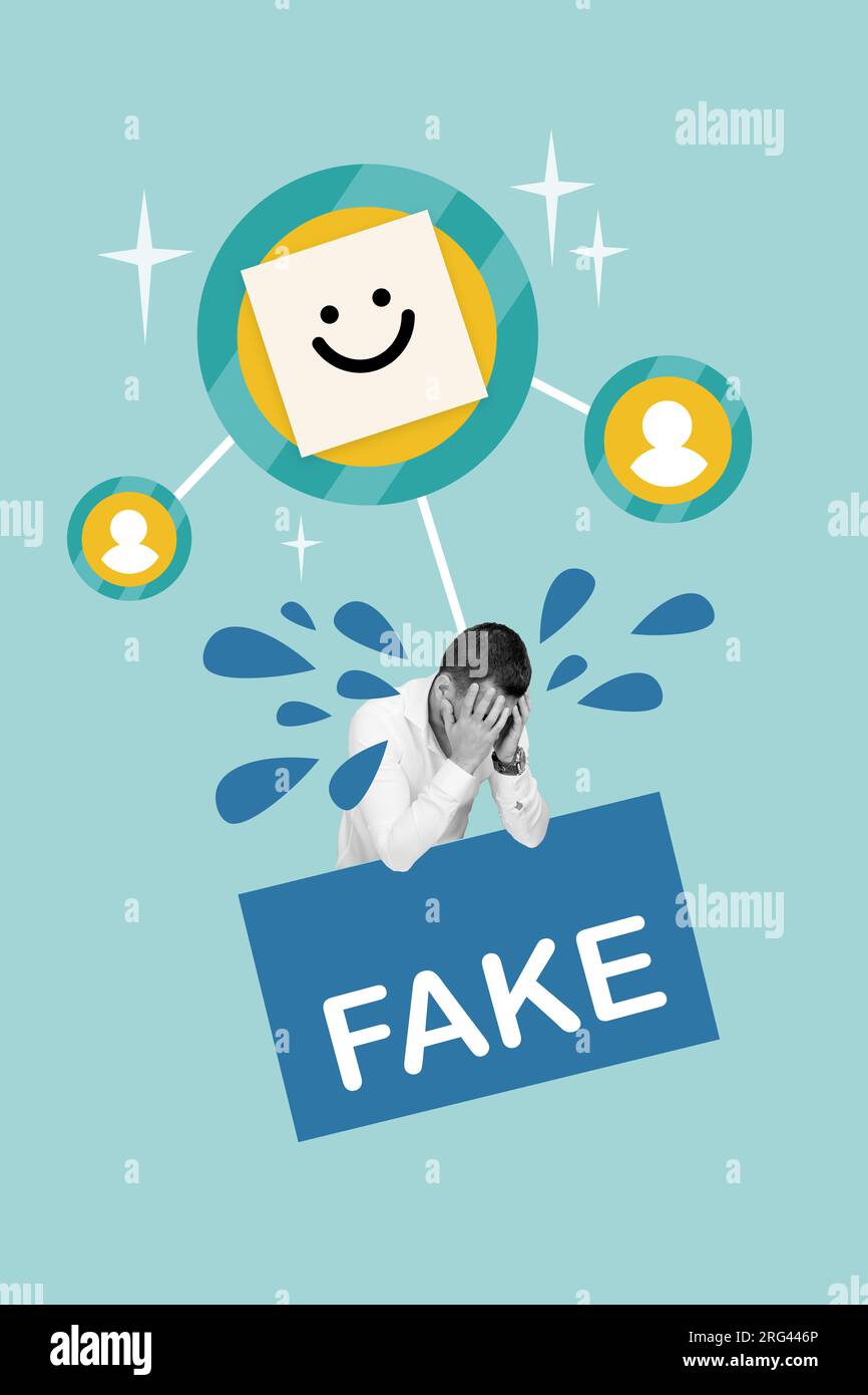 Collage image sketch of sad person hiding face suffer negative bad emotions fake news isolated on drawing blue color background Stock Photo