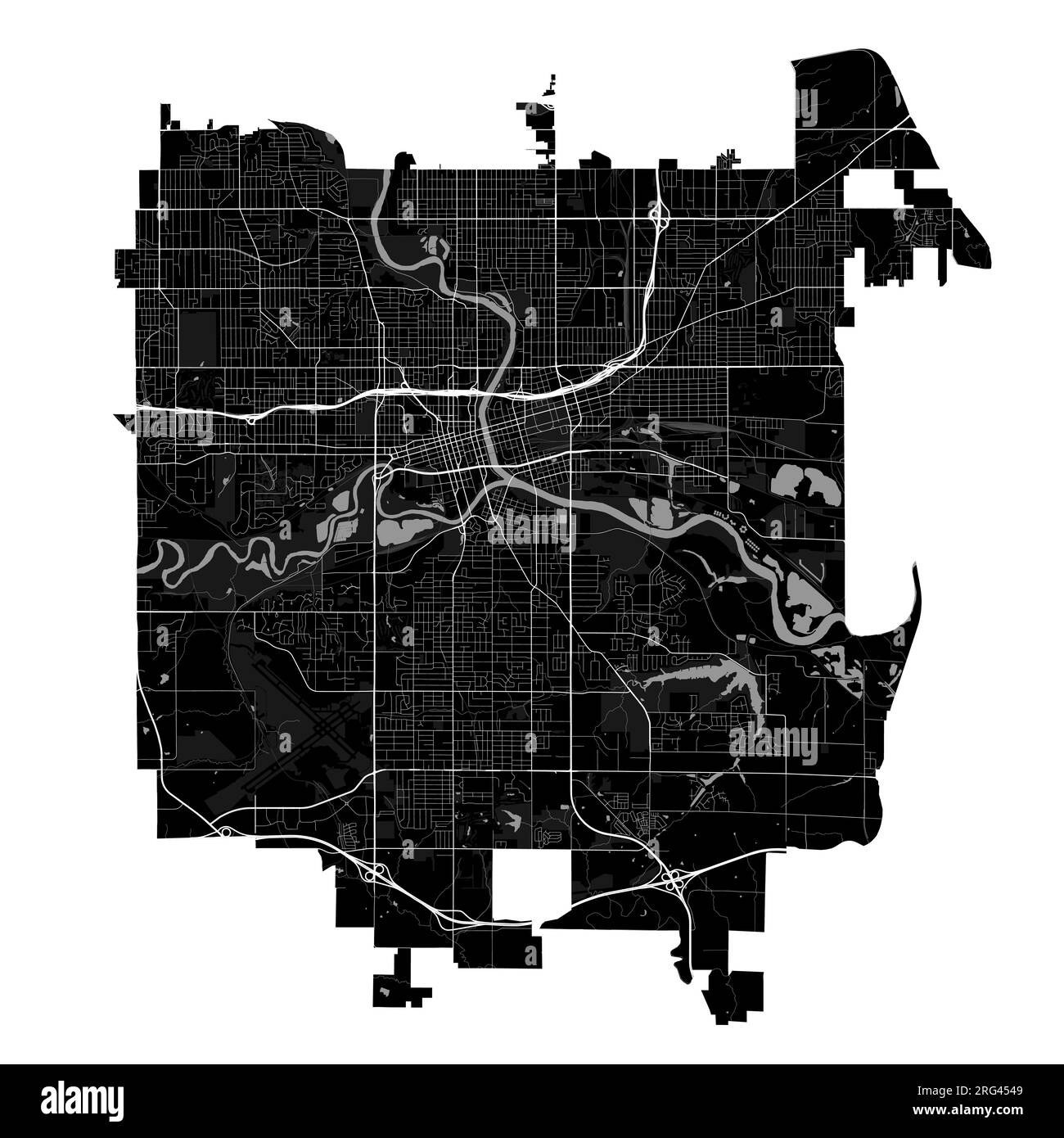 Des Moines city map, capital of the USA state of Iowa. Municipal administrative borders, black and white area map with rivers and roads, parks and rai Stock Vector