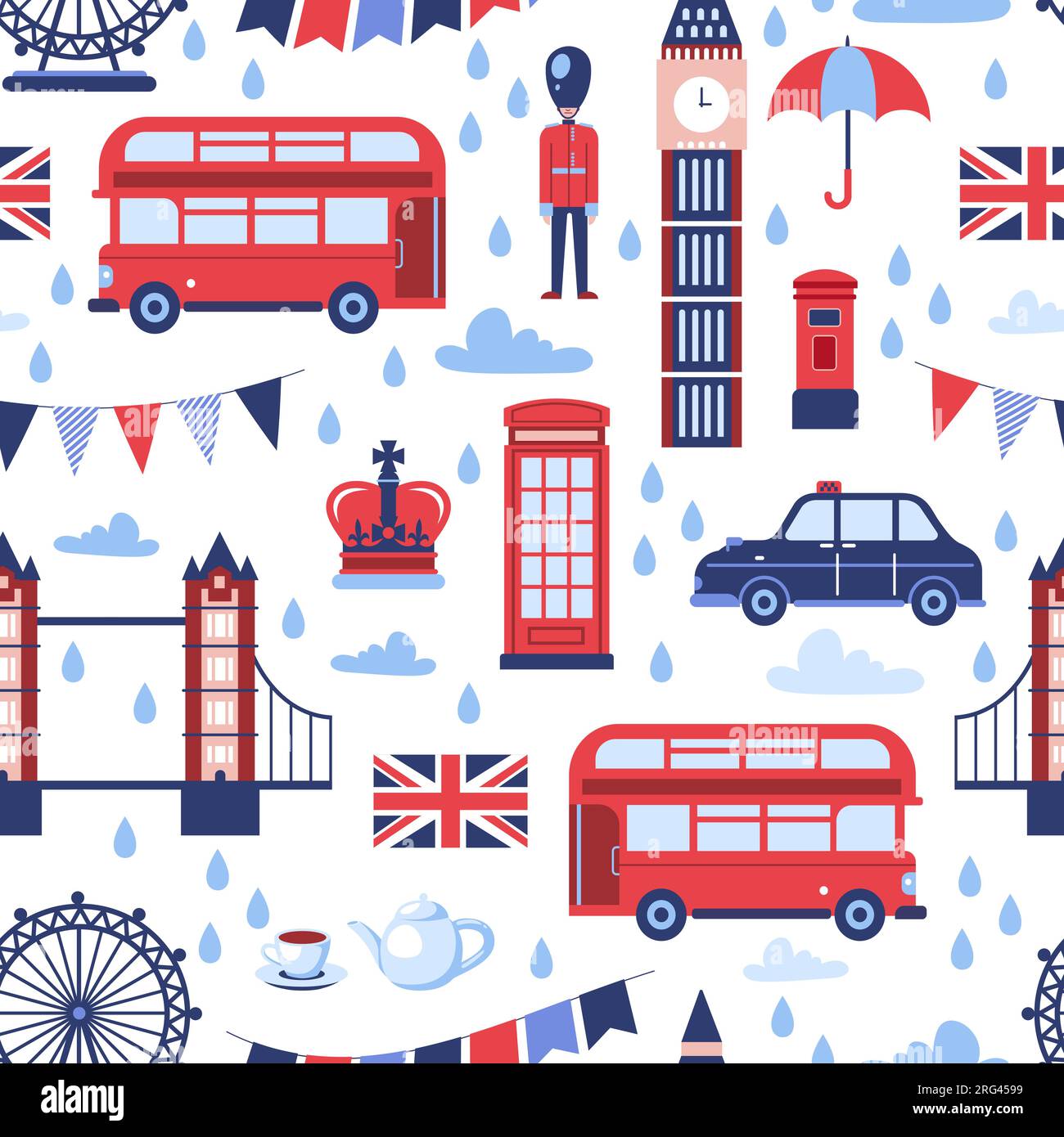 London landmarks seamless pattern. Vector flat cartoon illustration. Great Britain national symbols on white background. Travel and tourism fashion te Stock Vector