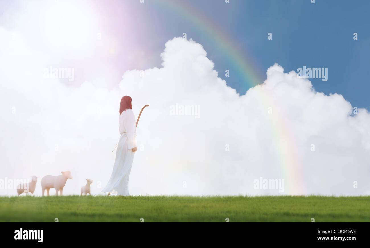 Blue sky and clouds, Jesus Christ the shepherd leading the sheep and Jesus walking with the sheep on the meadow in the bright and brilliant sun Backgr Stock Photo