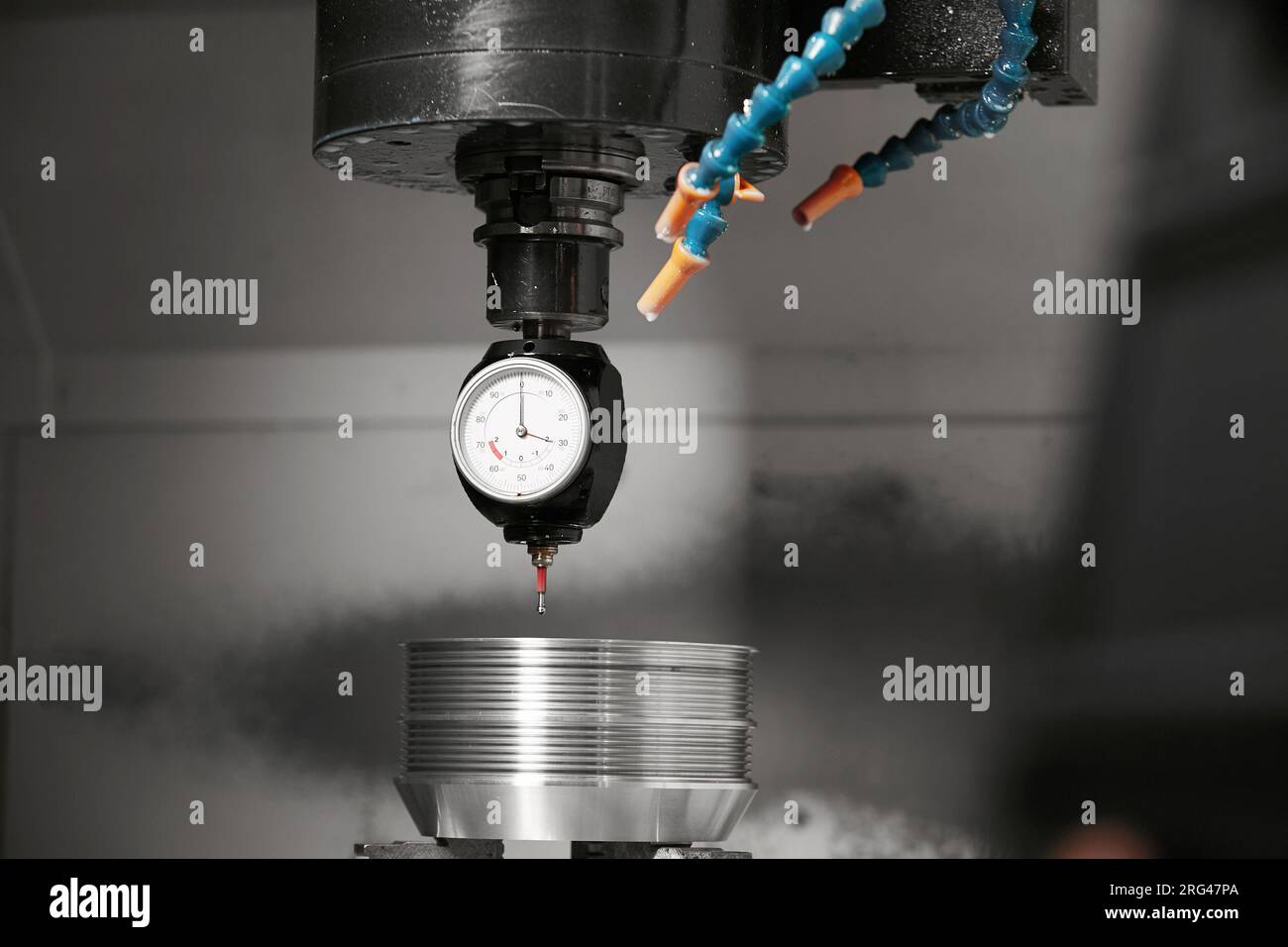 Close up 3d tester for workpiece dimension inspection checking quality control process of cnc