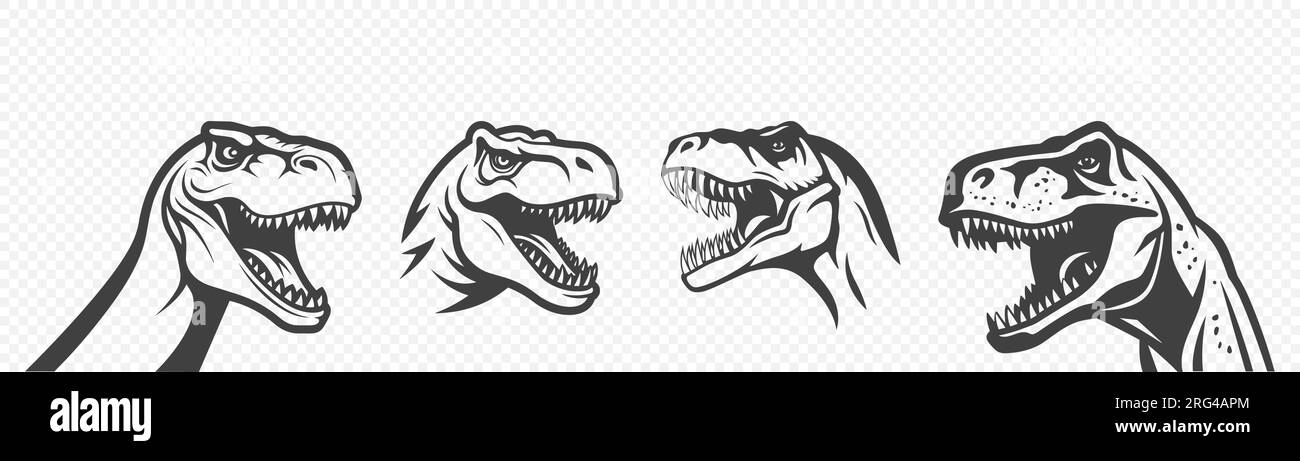Vector Black and White Tyrannosaurus Rex Head Icon Set, Cutout Silhouette Illustration Stock Vector