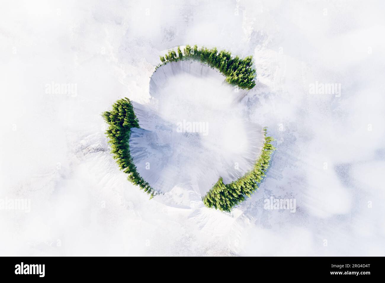 Explore nature's recycling system: mountain range hidden in white clouds shaped like arrows, adorned with trees mimicking their form. Eco-friendly sym Stock Photo