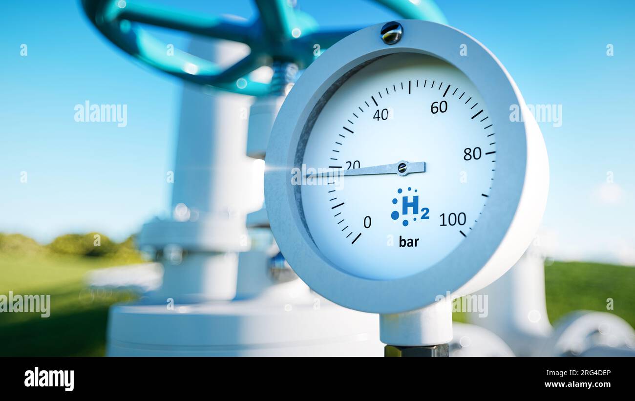 Close up of a manometer with a hydrogen pipe in the background. 3d rendering. Stock Photo