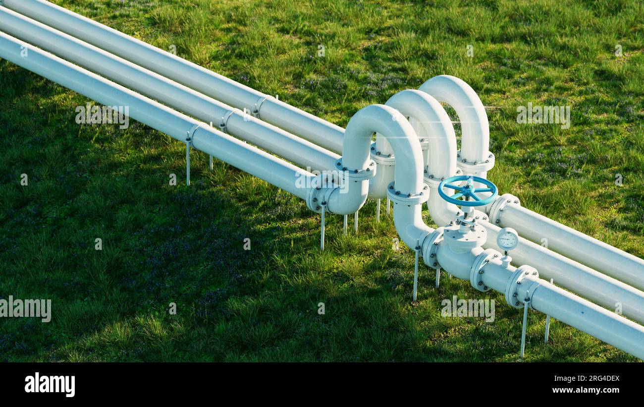 White gas and oil pipeline on lush grassy background. 3d rendering