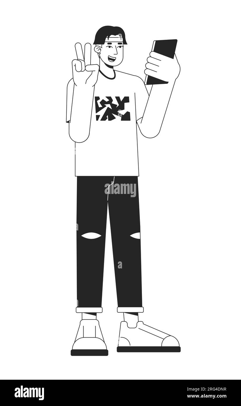 Cheerful asian man using gadget flat line black white vector character Stock Vector