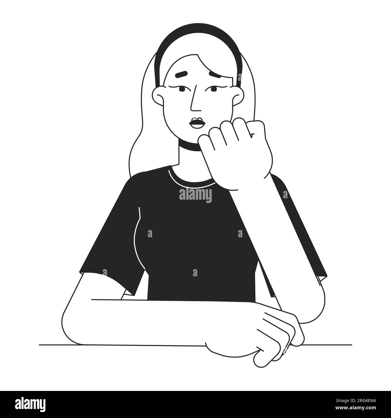 Engaged student woman resting chin on palm flat line black white vector