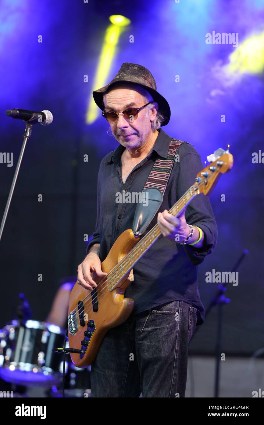 IVANO-FRANKIVSK, UKRAINE - AUGUST 5, 2023 - Ihor Melnychuk of the Braty Hadiukiny rock band plays the guitar during a charity concert in support of th Stock Photo