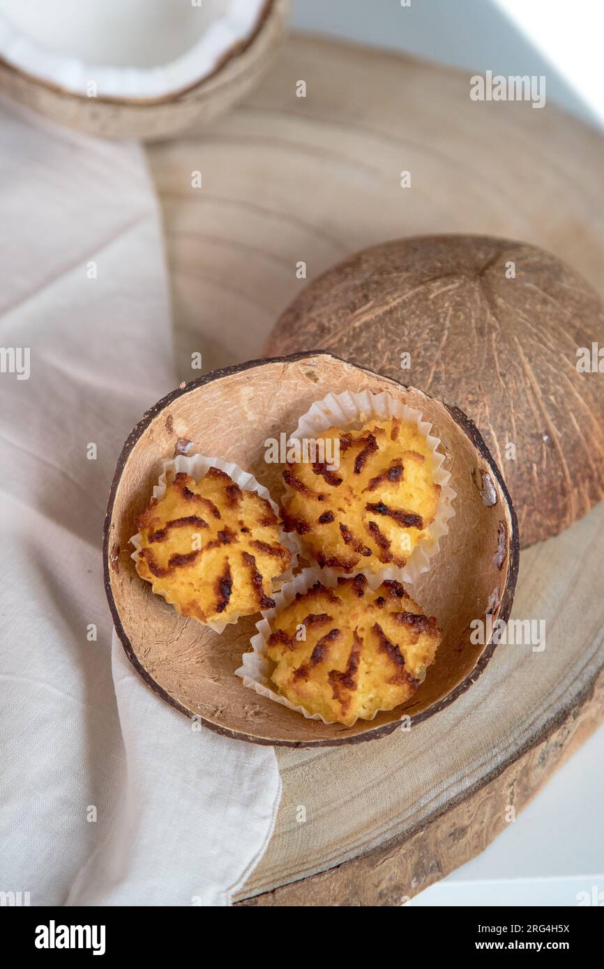 Coconut cookies, made from coconut flakes, copra, as a main ingredient. Stock Photo