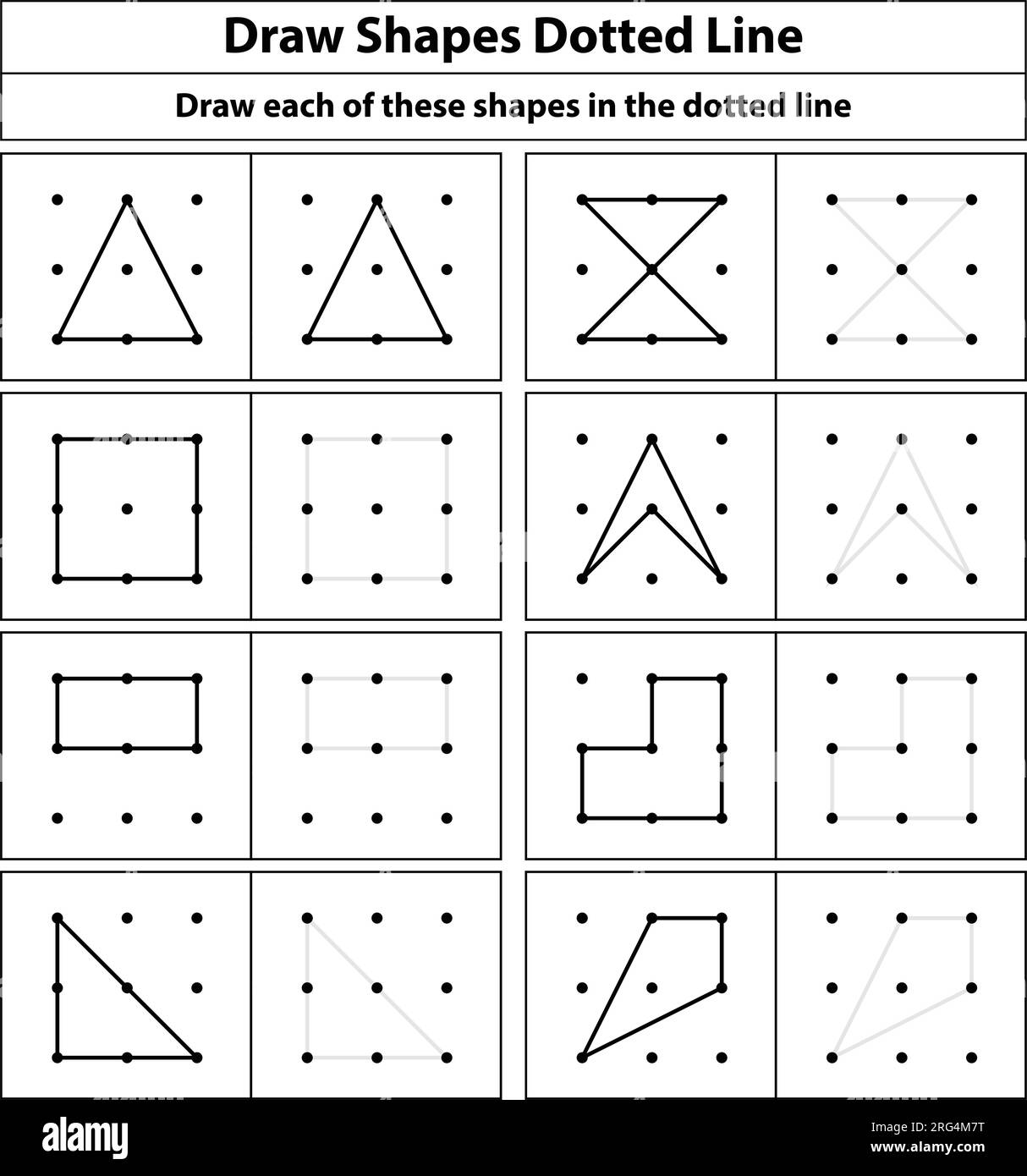 Practice exercise: Draw an isometric cube on each of these shapes using the dotted lines on a dots grid. Line drawing on a school math sheet Stock Vector