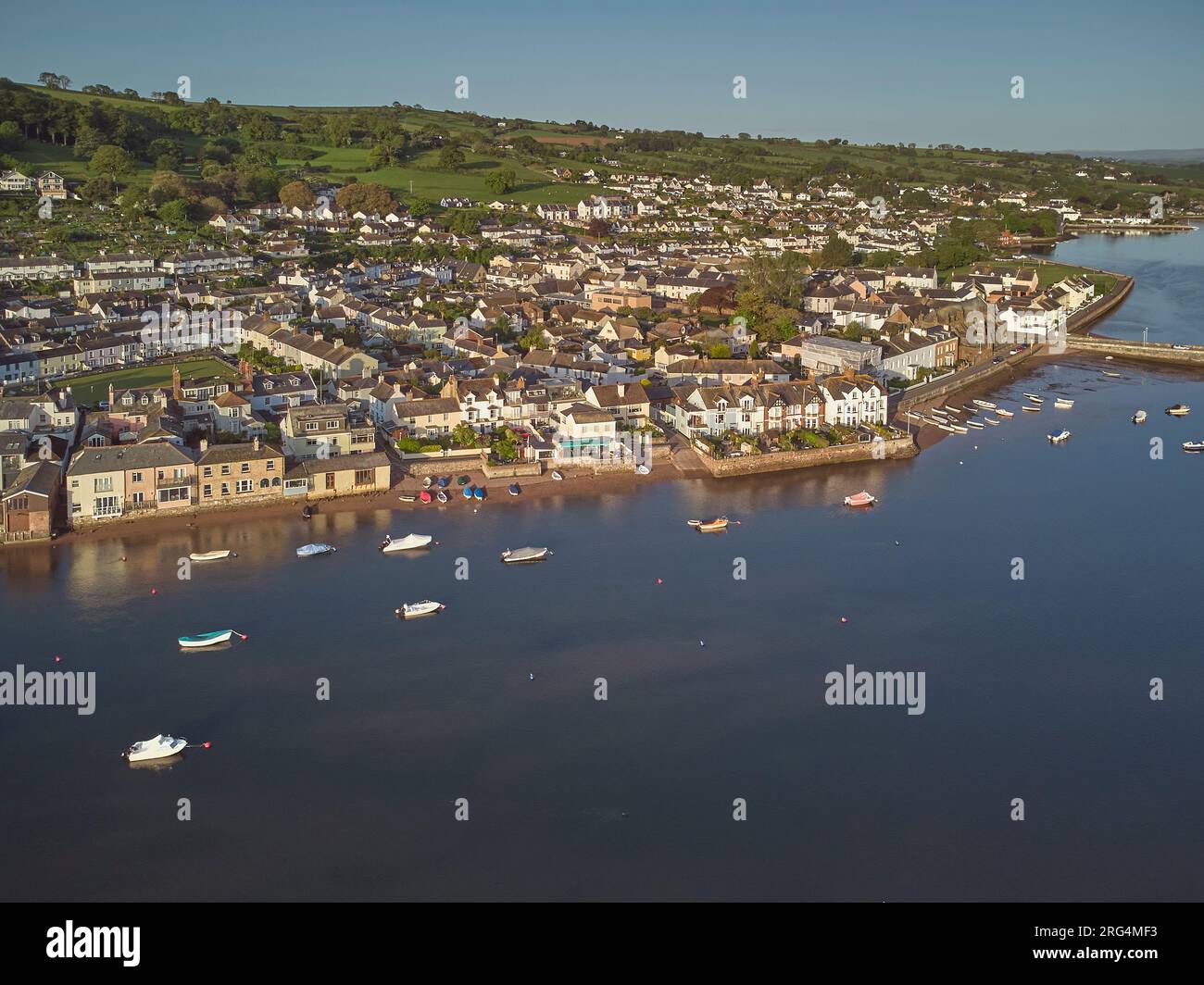 An aerial view of Shaldon and its harbour in the estuary of the River