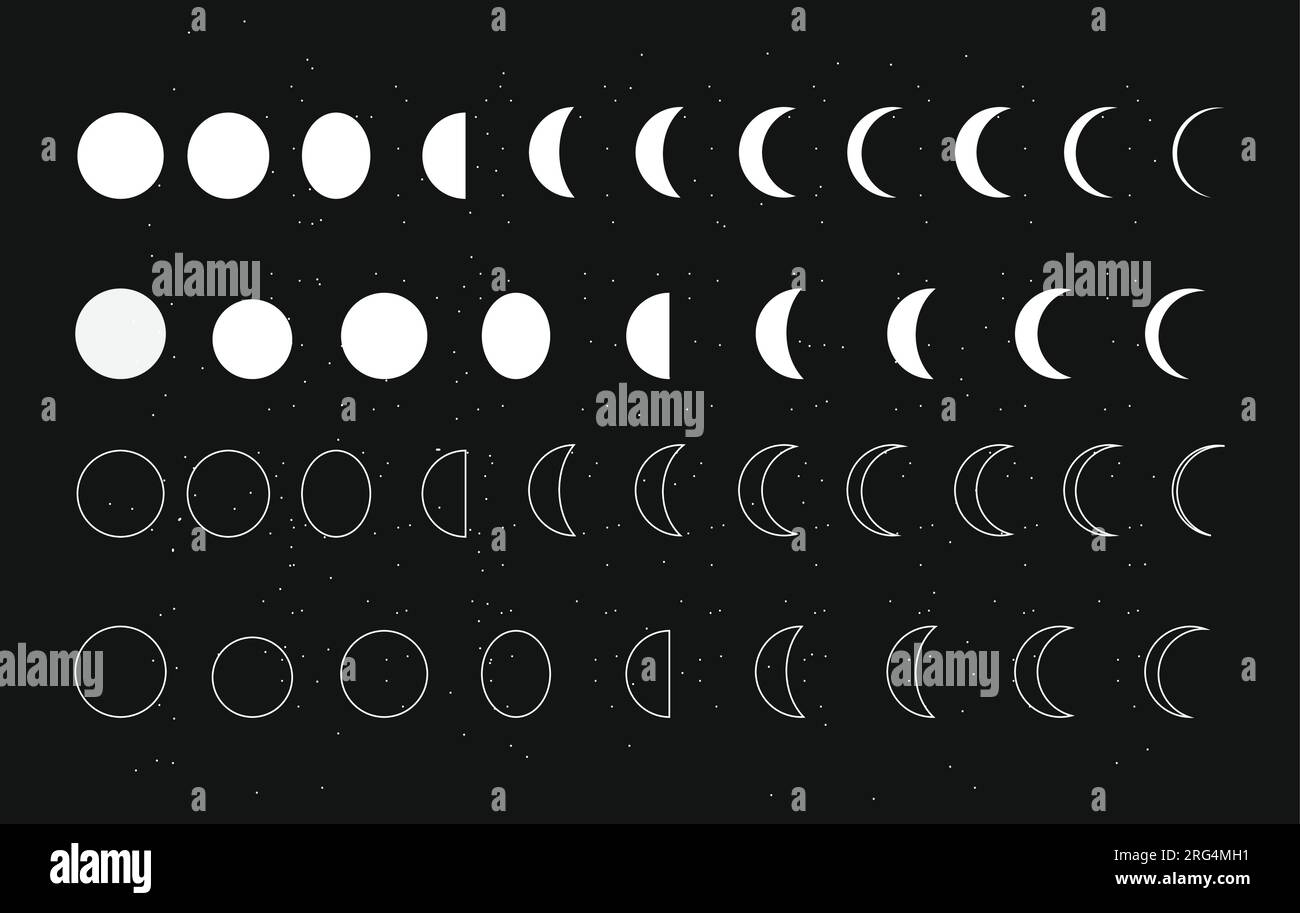 Vector illustration of moon shapes on a dark background, filled in white and outlined Stock Vector