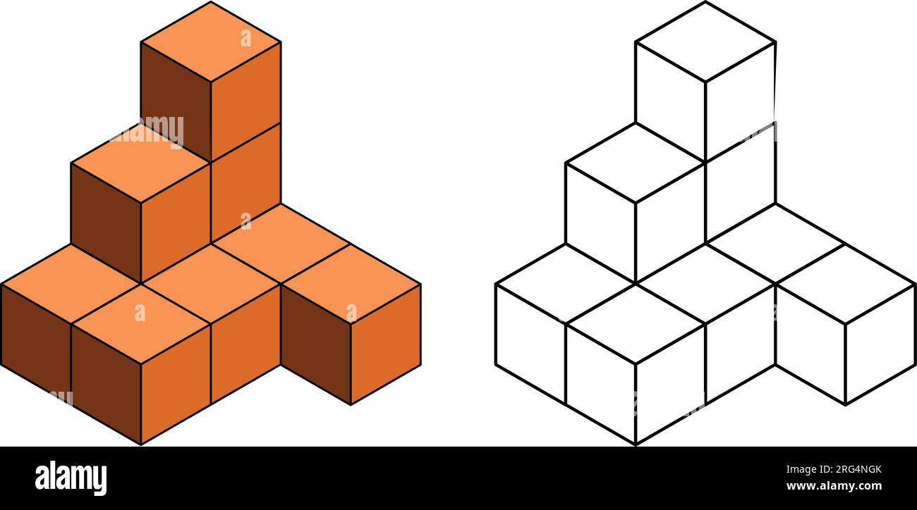 3D isometric cubes for each shape using the dotted lines on a dots grid. The line drawing is on a school math sheet with a white background.' Stock Vector
