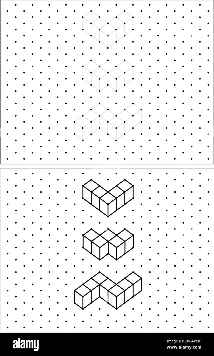 Practice exercise: Draw an isometric cube on each of these shapes using the dotted lines on a dots grid. Line drawing on a school math Stock Vector