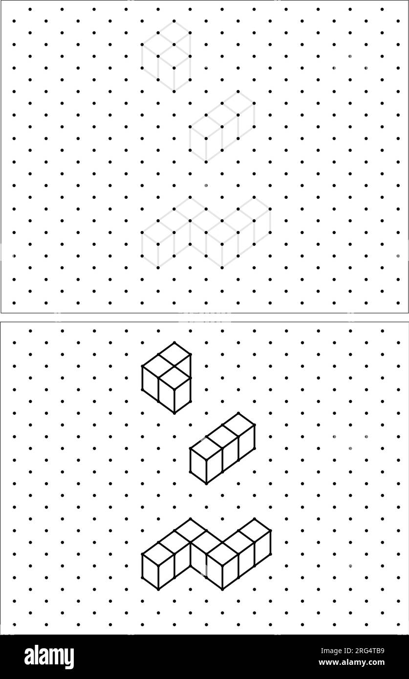 Practice exercise: Draw an isometric cube on each of these shapes using the dotted lines on a dots grid. Line drawing on a school math sheet Stock Vector