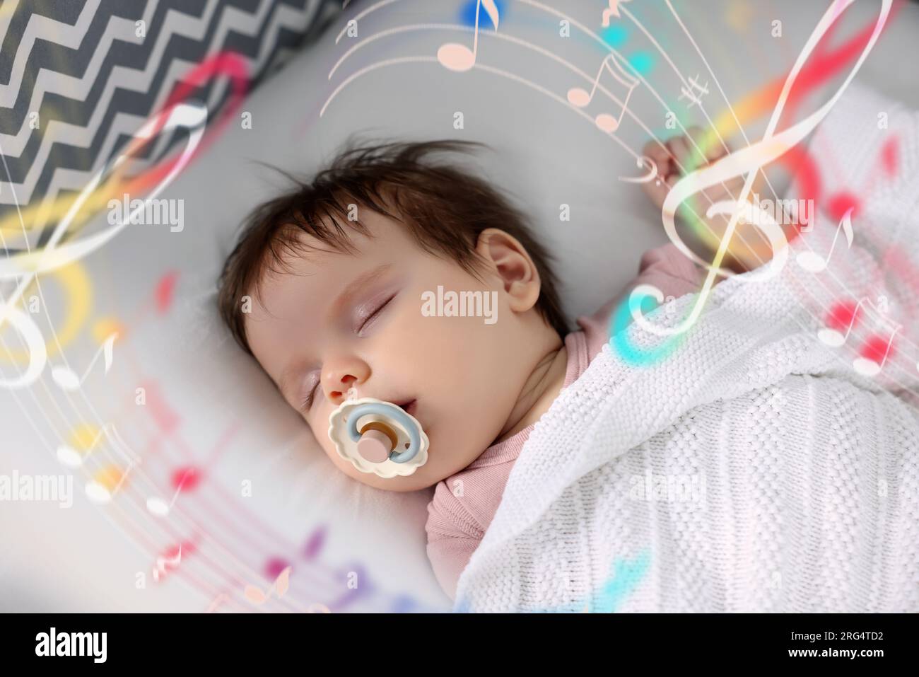Lullaby songs. Cute little baby sleeping in bed. Illustration of flying