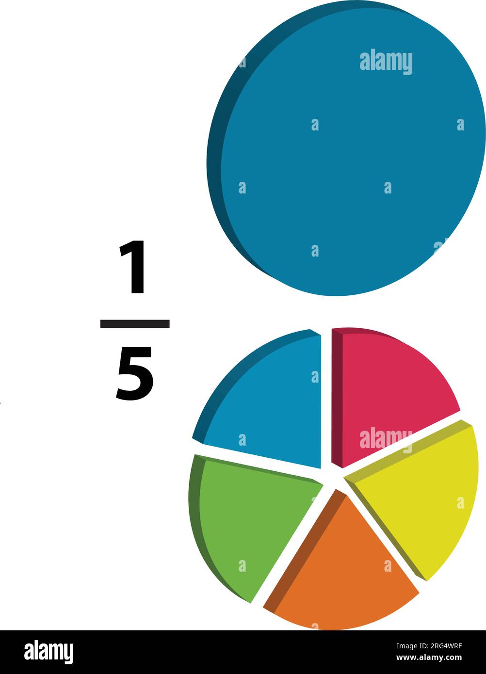 A fraction pie is divided into one-Five slices, each showing math fractions, explained in mathematics. on a white background. Stock Vector