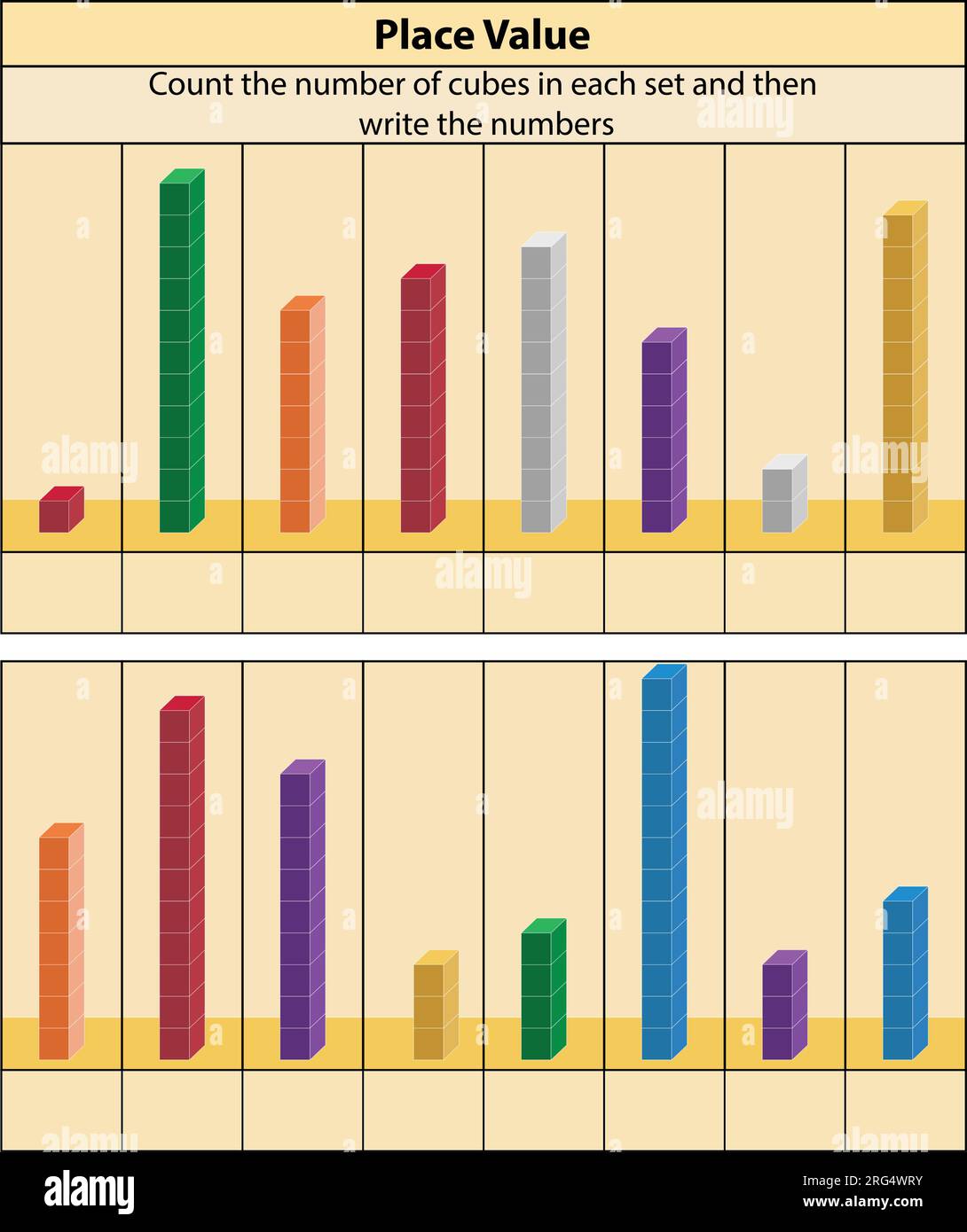 Place Value. stacked blocks counting. place value chart work. Vector