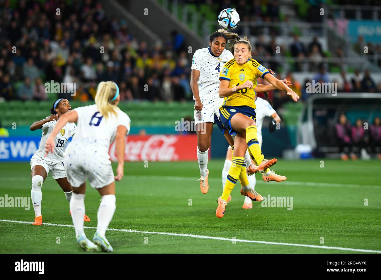 Naomi Girma (C) of USA and Filippa Angeldal (R) of Sweden are seen in action during the FIFA Women's World Cup 2023 Round 16 match between Sweden and USA at the Melbourne Rectangular Stadium. Final score Sweden 0:0 USA (Penalties Sweden 5:4). (Photo by Alexander Bogatyrev / SOPA Images/Sipa USA) Stock Photo