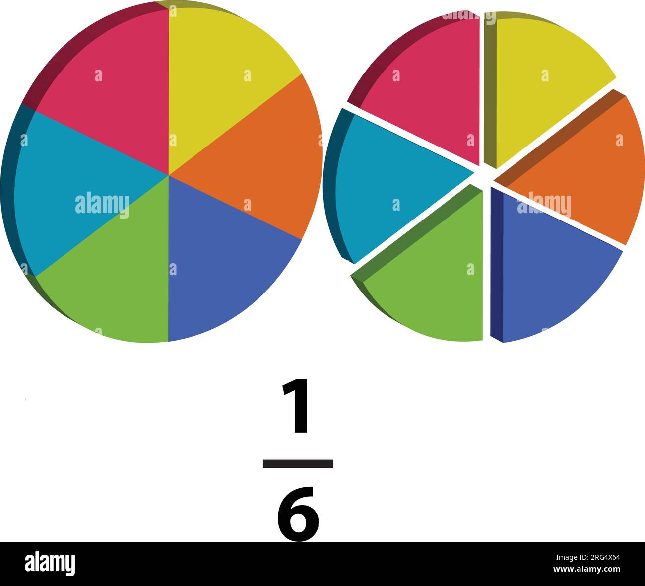 A fraction pie is divided into one-six slices, each showing math fractions, explained in mathematics. on a white background. Stock Vector