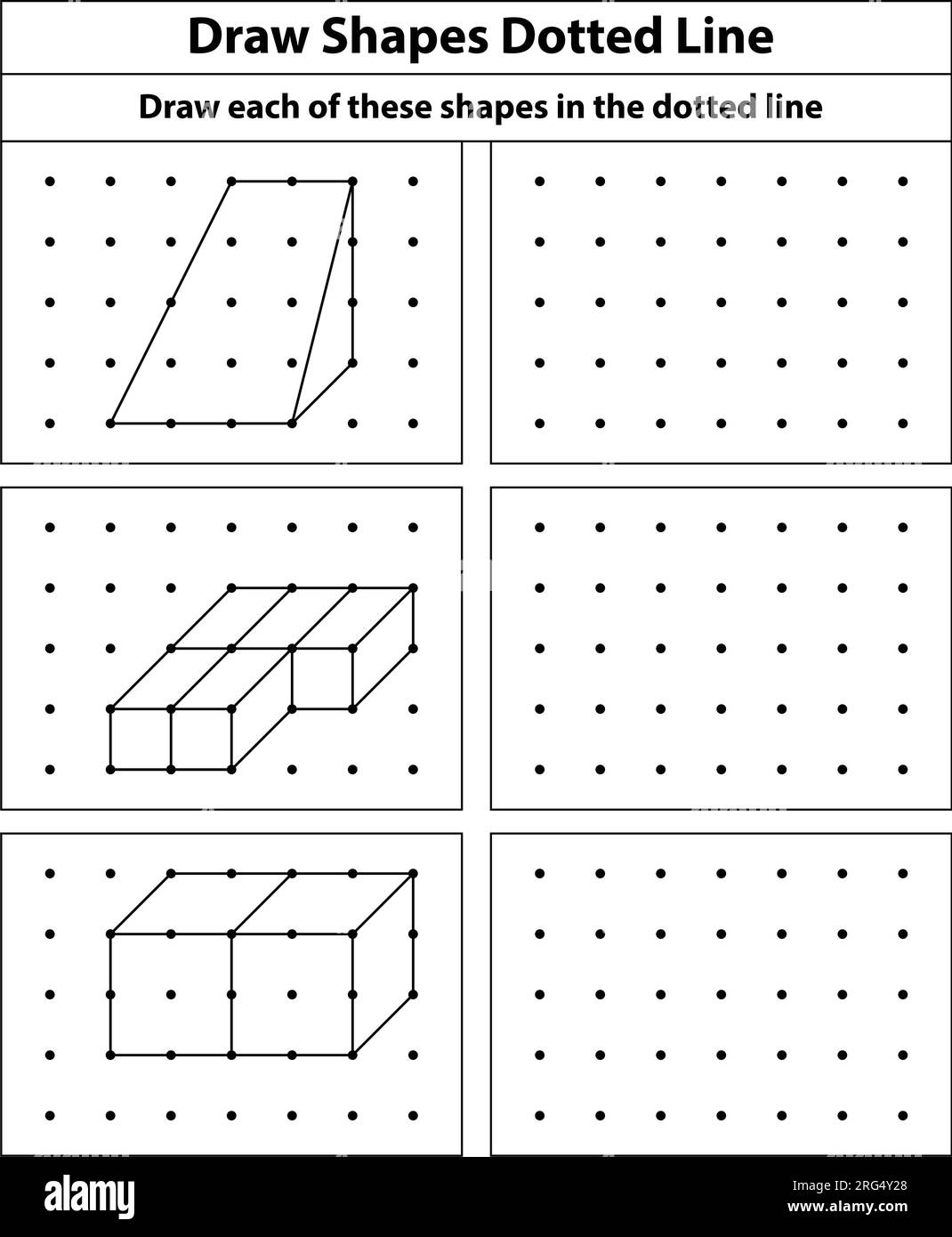 Practice exercise: Draw an isometric cube on each of these shapes using the dotted lines on a dots grid. Line drawing on a school math sheet. Stock Vector