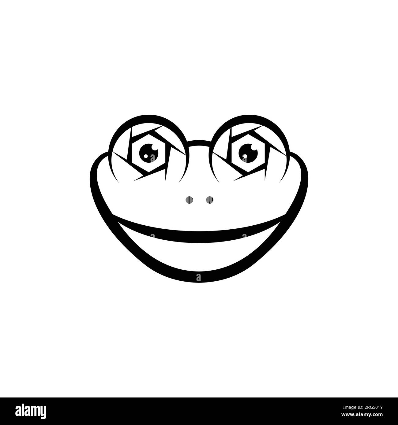 Frog Camera Photography Icon Logo Lens. Frog head with spying camera in the eye. The big eye of frog can see everything arround with perfect shot Stock Vector