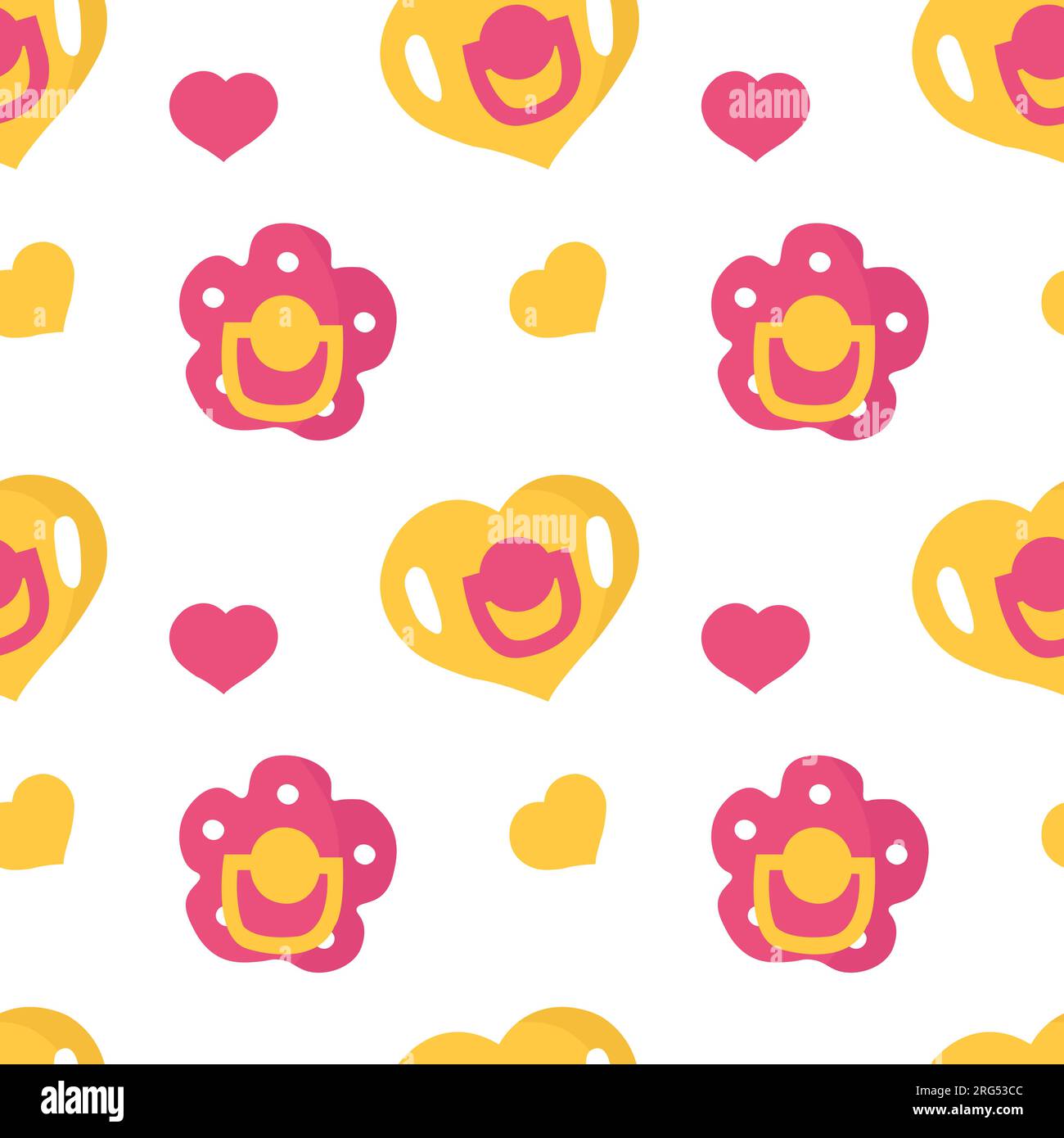 Baby girl floral shape pacifiers seamless pattern. Baby pacifiers pink and yellow background. Stock Vector