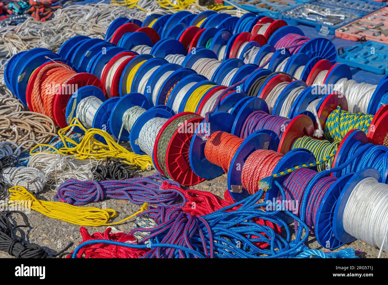 Colourful Nylon Polymer Fibres Ropes at Reels Coils Variety Stock Photo