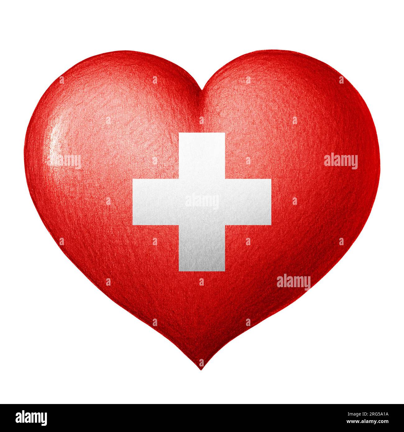 Swiss flag heart isolated on white background. Pencil drawing. Stock Photo