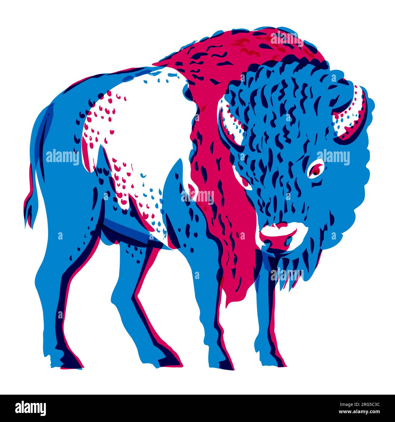 Risograph technique illustration of an American bison standing viewed from front done in retro riso effect digital screen printing style. Stock Photo