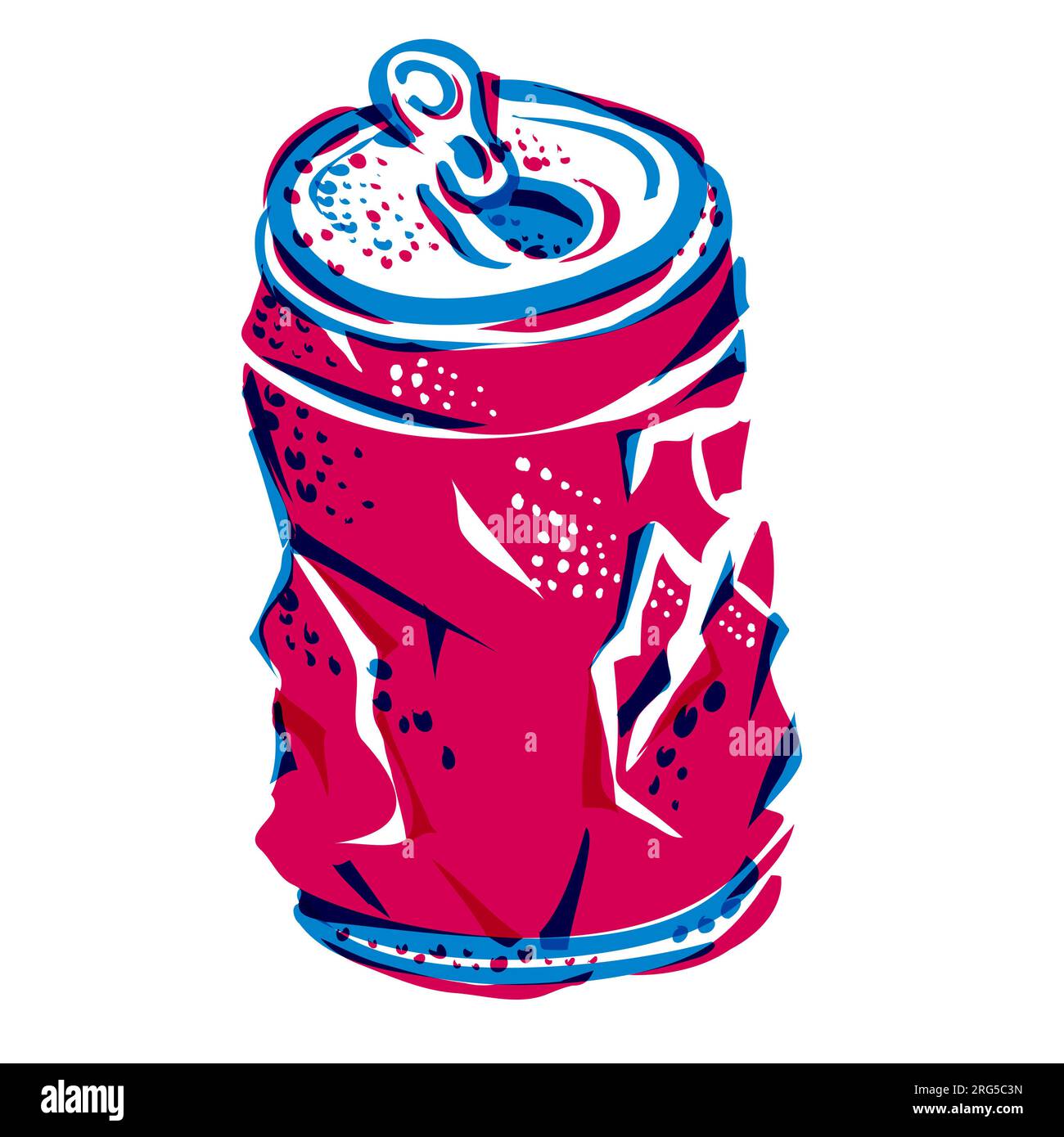 Risograph technique illustration of a crumpled can of soda cola drink done in retro riso effect digital screen printing style. Stock Photo