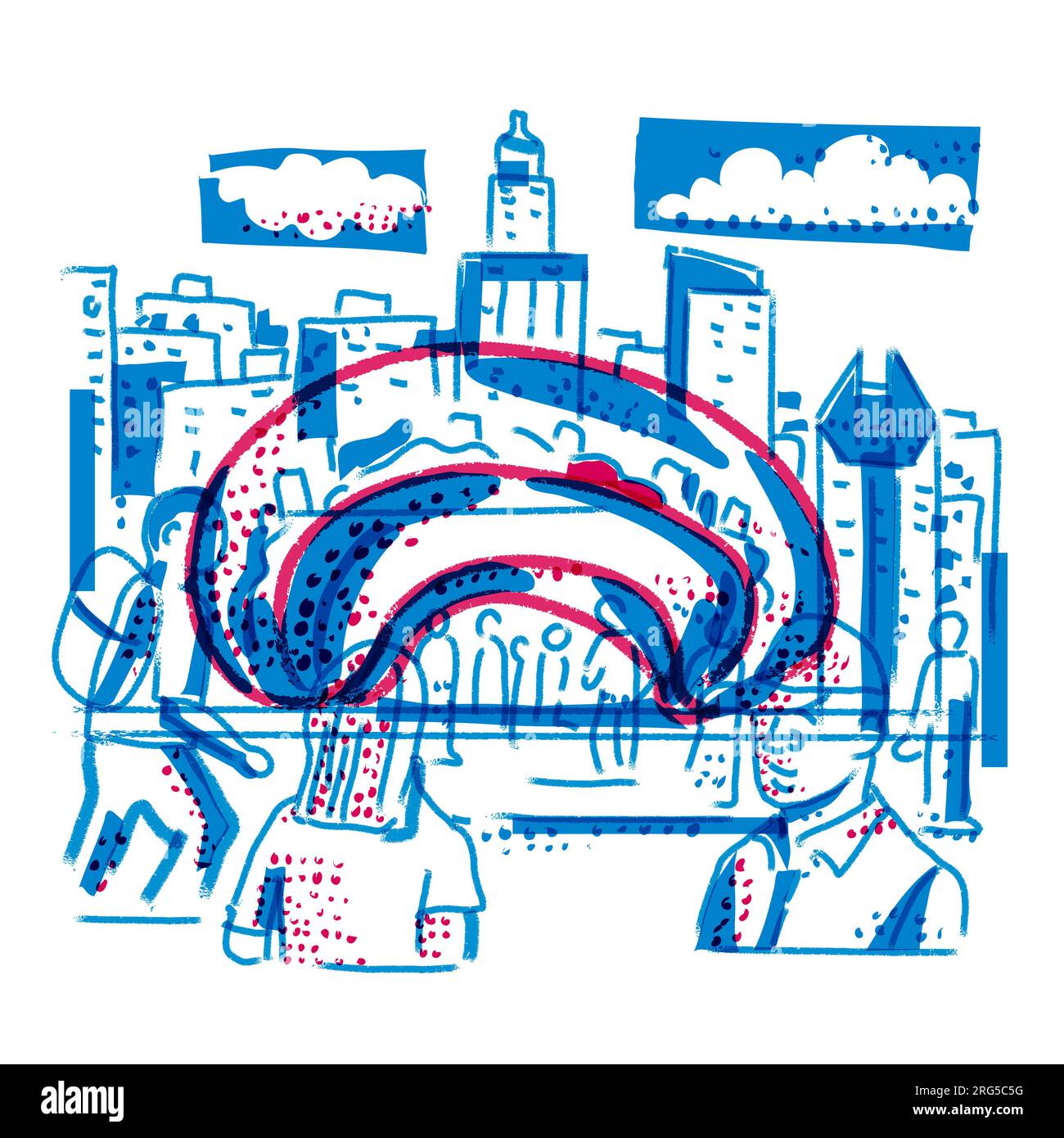 Risograph technique illustration of The Bean or Cloud Gate with Chicago City skyline in the background done in retro riso effect digital screen printi Stock Photo