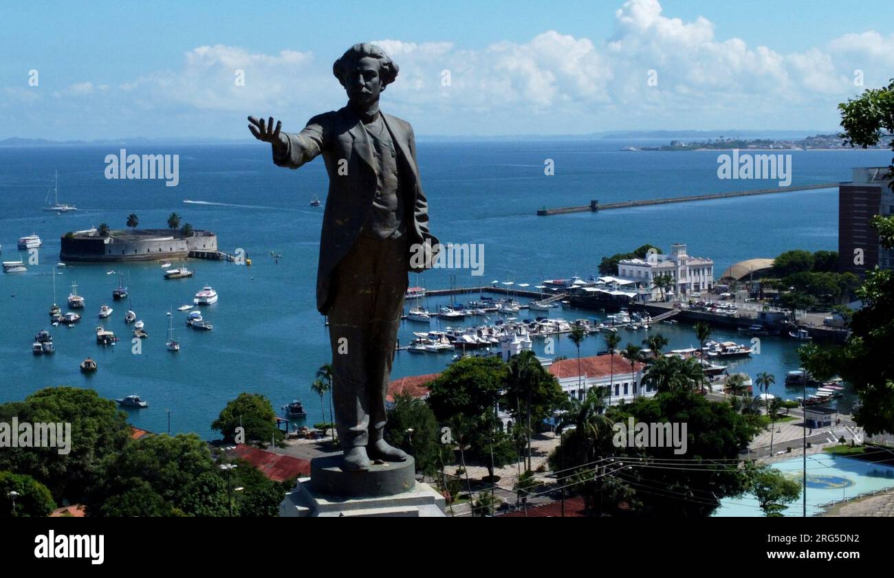 salvador, bahia, brazil - april 2, 2023: view of the statue of the poet Castro Alves and in the background the Baia de Todos os Santos in the city of Stock Photo