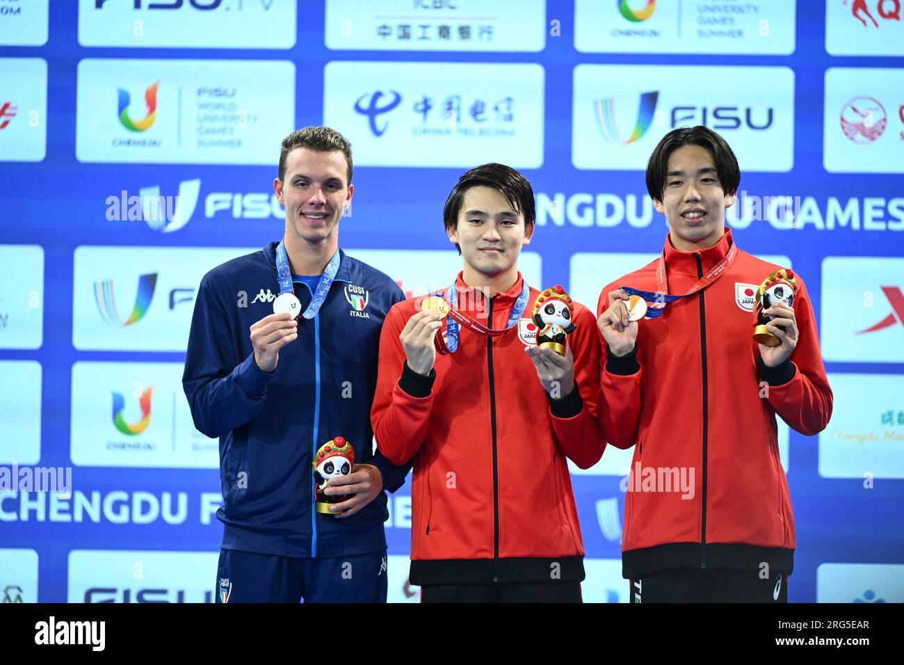 Chengdu, China's Sichuan Province. 7th Aug, 2023. Tabuchi Kaito (C) of Japan, Pier Andrea Matteazzi (L) of Italy and Kamikawabata Ei of Japan pose on the podium during the medal ceremony of the men's 400m individual medley final of swimming at the 31st FISU Summer World University Games in Chengdu, southwest China's Sichuan Province, Aug. 7, 2023. Credit: Wu Gang/Xinhua/Alamy Live News Stock Photo